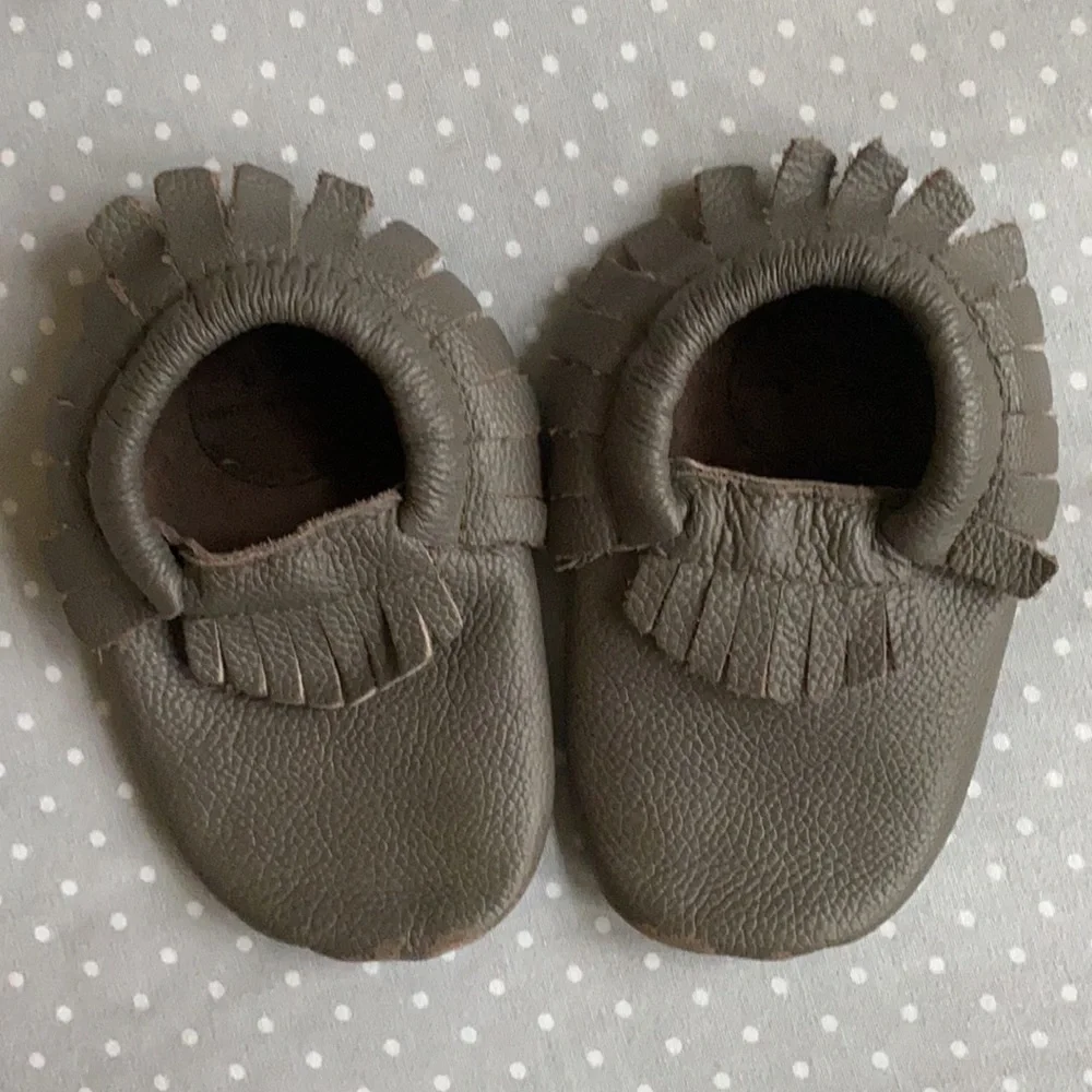 Bird Rock Baby slate gray leather moccasins